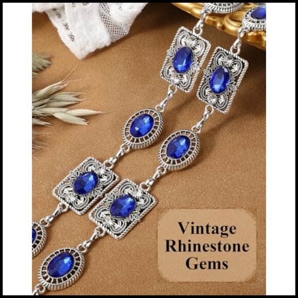 Vintage Western Concho Chain Belt Rhinestone Gems Boho Metal Waist Chain - Picture 4 of 5